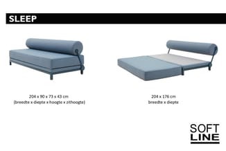 Sleep-configuraties: links compact daybed (204x90x73cm) met rolvuil, rechts uitklapbaar bed (204x176cm) in grijs.