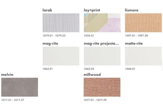 Overzicht van acht stofferingsvarianten met nummers: larak (1079.01-1079.23), lay+print (1034.01), lismore (1097.01-1097.30),