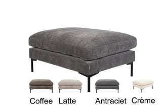 Poef met grijze stoffen bekleding en zwarte metalen poten, met kleurvarianten: Coffee, Latte, Antraciet en Crème.