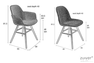 Twee grijze stoelen met armleuningen en houten poten, technische tekeningen met afmetingen: zithoogte 48 cm, totaalhoogte 81,