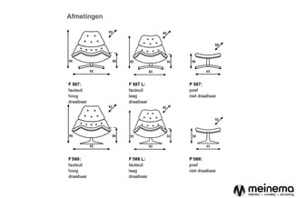 Technische tekeningen van zes fauteuil- en poeflmodellen (F587, F587L, P587, F588, F588L, P588) met afmetingen in centimeters