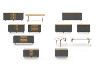 Collectie kantoormeubelen: houten sideboards met zwarte deuren, eettafels, glazen salontafels en kasten in natuurhout en donk