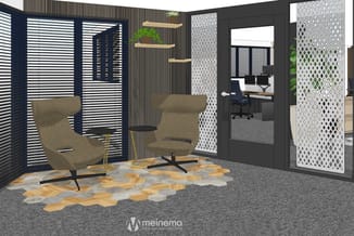 Moderne kantoorinrichting met grijze fauteuil, zwarte loungescreen, witte geometrische scheidingswand, houten wandplanken en