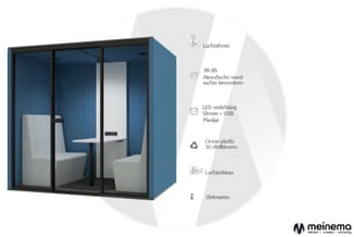 Blauwe akoestische belcel met glazen deuren, grijze zitbank en tafel, inclusief luchtafvoer, LED-verlichting en akoestische w