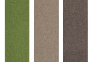 Drie stalen stoffering monsters in groen, beige en donkergrijs, weergegeven naast elkaar voor kleurvergelijking.