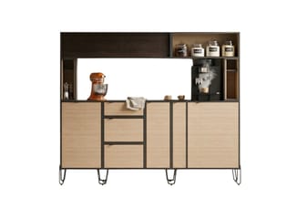 Moderne keukenmodule met houten fronten, donker bovenkader, ingebouwde koffiemachine, opbergvakken en decoratieve potjes met