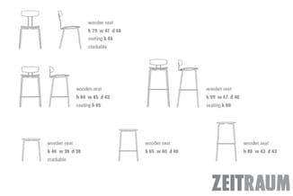 Overzicht Zeitraum houten stoelen en barkrukken met afmetingen: vier modellen stoelen (h 79-99 cm) en drie barkrukken (h 65-8