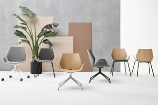Collectie moderne kantorstoelen in diverse uitvoeringen: grijs, zwart, naturel en hout. Verschillende voetsoorten (wielen, kr