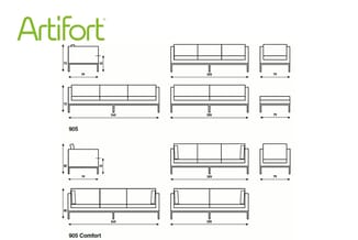 Artifort technische tekeningen met afmetingen van fauteuils, banken en zitgroepen. Weergave van verschillende modellen in voo