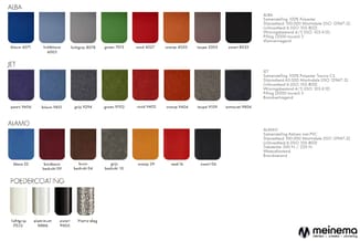 Kleurstalen voor bekleding: ALBA (8 kleuren polyester), JET (8 kleuren polyester), ALAMO (7 kleuren katoen met PVC) en poderc
