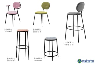 Zes barkrukken en stoelen met zwart metalen frame in verschillende uitvoeringen: met en zonder rugleuning, diverse zithoogte,