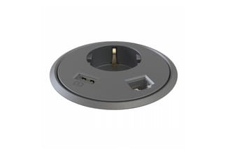 Ronde grijze bureauvoet met geïntegreerde stroombussen, USB-poorten en netwerkconnector, bovenaanzicht.