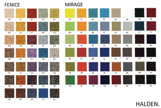 Kleurenkaart met tapijtstalen Fence, Mirage en Halden in diverse kleuren zoals beige, geel, rood, groen, blauw en zwart met b