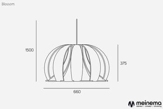 Blooom hangende akoestische lamp, bolvormig design met verticale latten, afmetingen 660 x 375 mm, technische tekening bovenaa