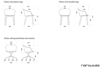 Technische tekeningen van drie stoeltypen met afmetingen: stoelen met kunststof poten, stoelen met houten poten en stoelen me