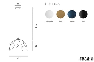 Foscarini hanglamp met koepelvormige kap, diameter 52cm, hoogte 38cm. Beschikbaar in transparant, goud, petrolio en zwart.