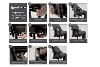 Stappenplan installatiehandleiding BMA Focus bureaustoel in 10 stappen, met details van zithoogte, zitdiepte, rugsteun, armle