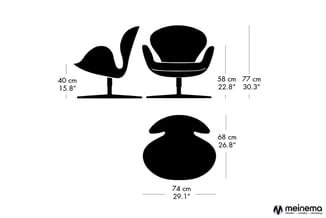 Silhouetten van drie design-fauteuils met afmetingen: twee zwarte stoelen met voetje (40cm en 58-77cm) en één grotere fauteui