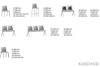 Kusch+Co stoelen en zitbanken: grijze stoelen en wachtruimtebanken met metalen frame, diverse afmetingen weergegeven.