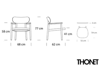 Technische tekening THONET stoelen: twee houten stoelen met afmetingen (58-77 cm hoogte, 68 en 62 cm breedte) en bijzettafel