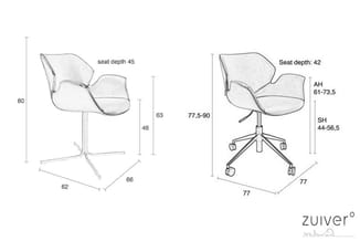 Technische tekening van twee stoelen: links een vaste stoel met metalen onderstel (afmetingen 62x66cm, zithoogte 46cm), recht