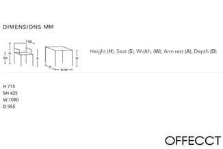 Technische dimensionstekening stoel met aangegeven maten: hoogte 715mm, zithoogte 425mm, breedte 1090mm, diepte 955mm.