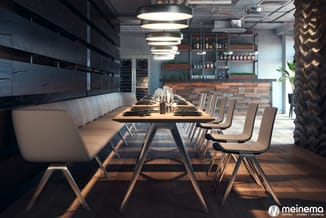 Moderne vergaderruimte met lange houten tafel, beige stoelen, witte zitbank, zwarte keukenkasten, houten bar en hangende LED-