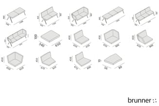 Brunner zitmeubelen: banken, stoelen en tafelbladen met afmetingen in millimeters. Grijze uitvoeringen in verschillende confi