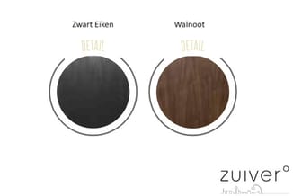 Zwart eiken en walnoot houten details van Zuiver projectmeubilair, toonafbeeldingen kleurvarianten.