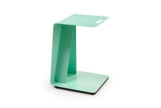 Mint groene staande leestafel met rechthoekig bovenblad, open zijkant en zwart voetpaneel.