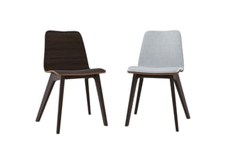 Twee moderne stoelen met donker houten poten: links zwarte stoel, rechts grijze stoel met textile bekleding.
