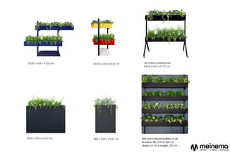Zes verschillende staande plantenbakken in diverse vormen en afmetingen, waaronder modellen met twee etages, rechthoekige bak