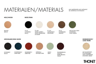 Materiaalpaletoverzicht met houtsoorten, beits-/lakkkleuren en rohrgeflecht opties voor meubilair.