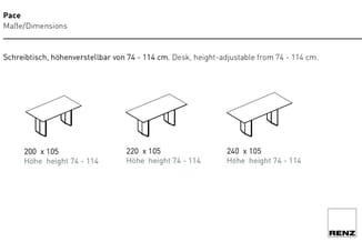 Pace schreibtisch in drie uitvoeringen: 200x105, 220x105 en 240x105 cm. Hoogte verstelbaar van 74-114 cm. Technische tekening