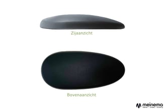 Twee zwarte akoestische panelen in zijaanzicht en bovenaanzicht, met langwerpige afgeronde vorm.