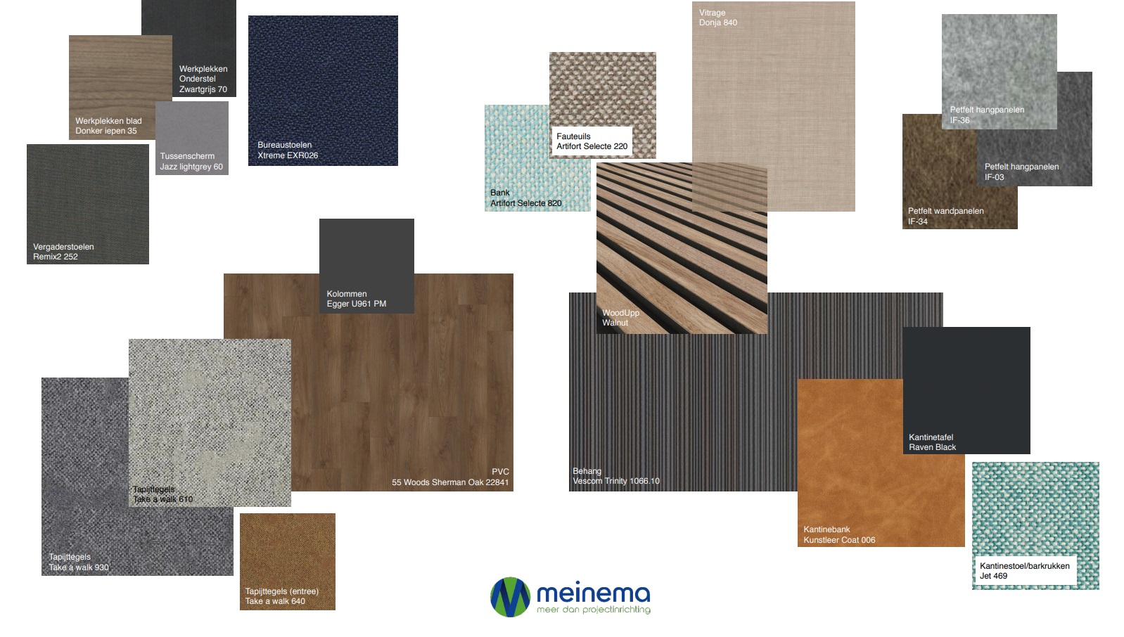 Materiaalstalen van kantoorinrichting: textiel, hout, laminaat en leer in diverse kleuren en structuren met productcodes.