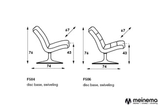 Twee draaifauteuils met schijfvoet en zwenkmechanisme: model F504 en F506. Technische tekening met afmetingen (74x76x43cm, zi