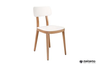 Houten stoel met witte zitting en rugleuning, rechte poten, moderne vorm, meinema-logo rechtsboven.