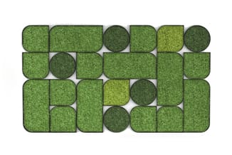 Modulaire groene kunstofkassen en ronde elementen in verschillende tinten, schematisch gerangschikt in rechthoekige opstellin
