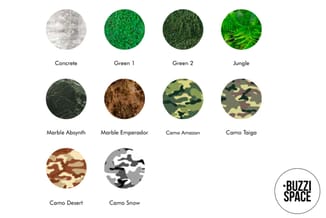 Tien kleurstalen voor meubelbekleding: Concrete, Green 1, Green 2, Jungle, Marble Absynth, Marble Emperador, Camo Amazon, Cam