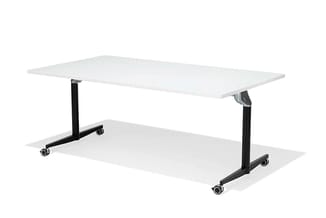 Mobiele vergadertafel met wit blad en zwart metalen onderstel op wielen, rechthoekige vorm.