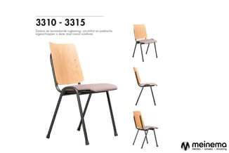 Stapelstoel 3310-3315 met naturel houten rug, grijze zitting en zwart metalen onderstel, getoond in verschillende weergaven.