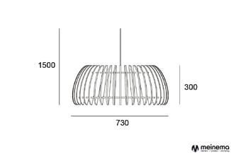 Technische tekening hangende akoestische element, breedte 730mm, hoogte 300mm, met verticale ophangpunten.