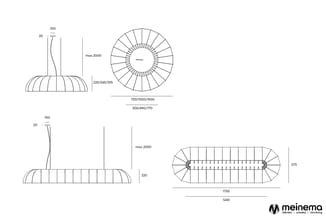 Technische tekeningen van ronde en rechthoekige akoestische panelen met afmetingen en zijaanzichten, max 2000 hoogte.