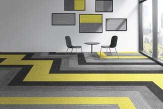 Moderne kantoorruimte met geel-grijs modulair vloerdesign, twee zwarte stoelen rond klein rond tafel, wanddecoratie en grote