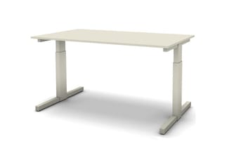 Zit-sta bureau met beige blad en twee verstelbare poten in beige, T-vormig onderstel.