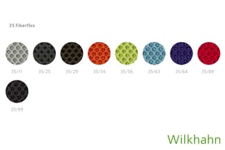 35 Fiberflex kleurstalen van Wilkhahn: negen ronde monsters in grijs, zwart, bruin, oranje, groen, blauw, paars en rood met a
