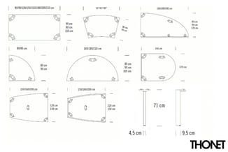 Technische tekeningen van vergadertafels in verschillende vormen en maten: rechthoekig, trapeziumvormig, halfrond en ovaal, m