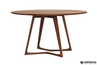 Ronde houten vergadertafel met donkerbruine houten onderstel en kruisvormig frame, vrijstaand tegen witte achtergrond.