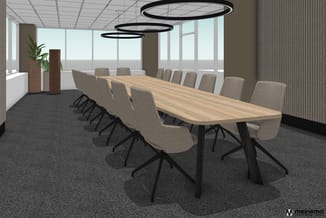 Moderne vergaderruimte met lange houten tafel, beige stoelen met zwart frame, ronde hangende verlichtingsarmaturen en grote r